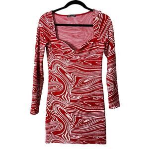 Zara Long Sleeve Sweatheart Neckline Bodycon Mini Dress Marble Print L Red White
